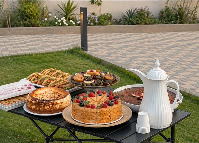 An outdoor table displaying an assortment of desserts and pastries, including a cheesecake topped with berries, tarts, pies, and a white teapot, set in a garden area.