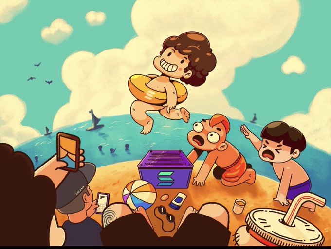 The same cartoon beach scene as image 7, depicting a beach gathering with a Solana box and crowd filming on phones.