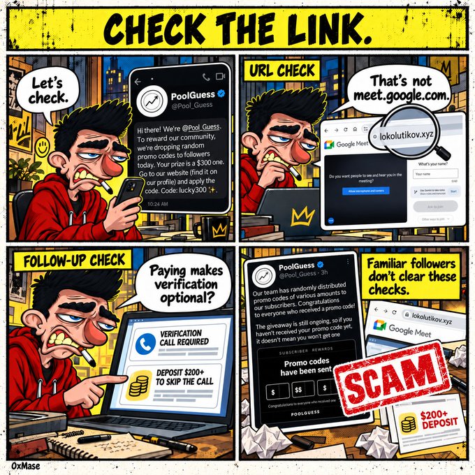 A comic strip titled "CHECK THE LINK" by 0xMase illustrating a scam involving "PoolGuess" on Twitter and a fake Google Meet link at "lokolutikov.xyz", showing how paying a $200+ deposit is used to skip verification calls.