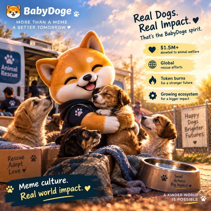 Promotional graphic for BabyDoge featuring a Shiba Inu mascot hugging puppies at an animal rescue, with text highlighting 'Real Dogs. Real Impact. That's the BabyDoge spirit' and '$1.5M+ donated to animal welfare'.