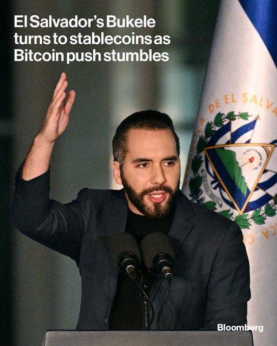 The image features a news graphic from Bloomberg with the headline "El Salvador's Bukele turns to stablecoins as Bitcoin push stumbles," showing President Nayib Bukele speaking at a podium with the El Salvador flag behind him, illustrating the country's shift from its 2021 Bitcoin adoption to a new focus on dollar-backed stablecoins amid limited mainstream adoption.
