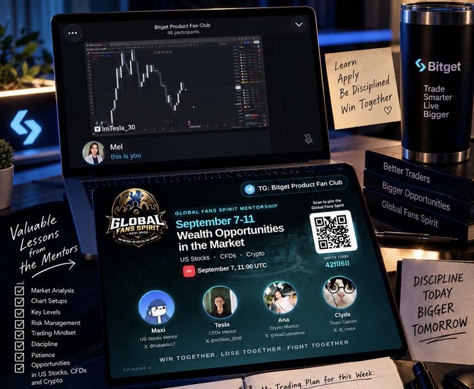 Bitget trading workspace featuring a laptop displaying a chart by user 'ImTesla_30,' a tablet promoting the 'Global Fans Spirit Mentorship: September 7-11 Wealth Opportunities in the Market' with mentors Maxi, Tesla, Ana, and Clyde, alongside a Bitget tumbler and sticky notes.