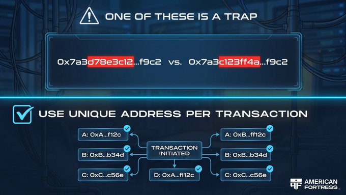 An infographic from American Fortress titled 'ONE OF THESE IS A TRAP' highlights the dangers of address reuse in crypto transactions, showing two nearly identical hex addresses and advising to 'USE UNIQUE ADDRESS PER TRANSACTION.'