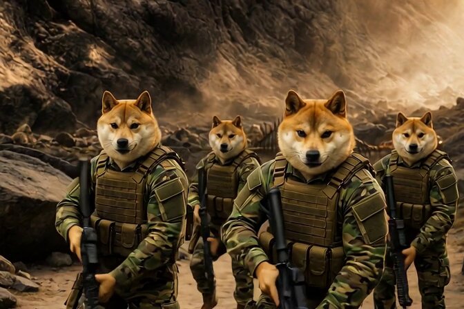 The image features a group of five Shiba Inu dogs dressed as soldiers, each wearing camouflage uniforms and carrying guns. The dogs are standing close together, with their heads held high and their bodies angled forward, giving an impression that they are ready for action or on patrol. The background includes a rocky cliff face and a mountain range, suggesting the setting could be a military base or a training exercise area.