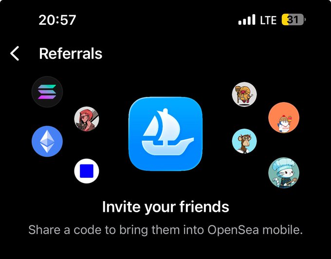 The image shows a social media post about inviting friends into an online gaming community called OpenSea Mobile. The post includes a code that can be used to bring friends into the game by sharing the code with them. It also mentions a giveaway where users can win codes and invites people to share their codes with others in the group for a chance to win more codes.