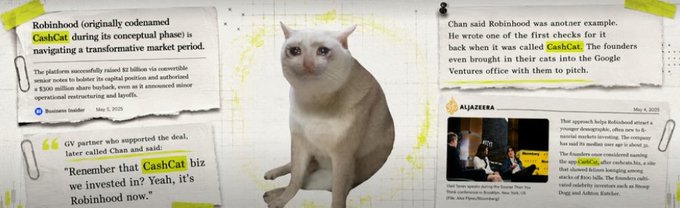 A shocked-looking white cat with wide eyes is centered between two article snippets discussing Robinhood's "CashCat" (Bitcoin) criticism during its conceptual phase, with one quote reading "Remember that CashCat biz we invested in? Yeah, it's Robinhood now." The image ties into the post's bullish $CASHCAT memecoin narrative by drawing a playful parallel to early skepticism of major crypto projects.