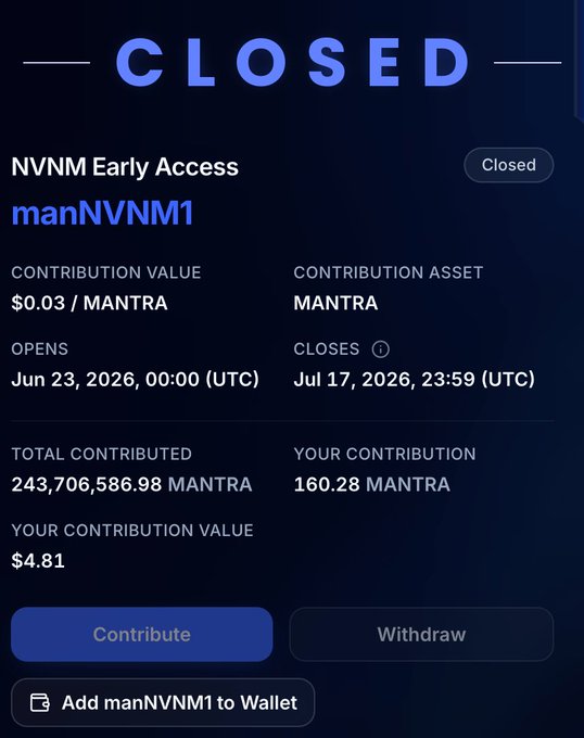 A "CLOSED" notification for the NVNM Early Access campaign on the MANTRA platform, showing a contribution value of $0.03 per MANTRA, total contributions of 243,706,586.98 MANTRA, and a personal contribution of 160.28 MANTRA valued at $4.81, alongside an inactive "Contribute" button. The image visually confirms the post's announcement that the $NVNM Early Access campaign has ended after surpassing 243 million MANTRA in total contributions.
