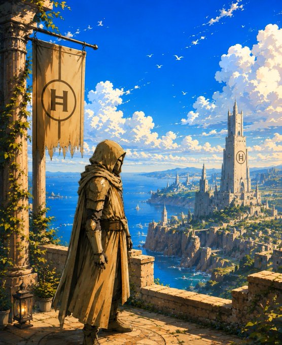 A fantasy-style illustration of a hooded figure in a cloak standing on a stone balcony overlooking a coastal castle city, with a banner displaying an 'H' emblem hanging nearby.