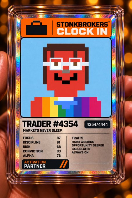 A pixel-art trading card titled "STONKBROKERS CLOCK IN" featuring a character with red skin and white glasses, labeled "TRADER #4354/4444" with stats like Focus 87, Risk 68, and Conviction 83, fitting the $STONKBROKER collectible meme theme.