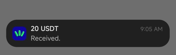 A mobile notification showing '20 USDT Received.' at 9:05 AM.