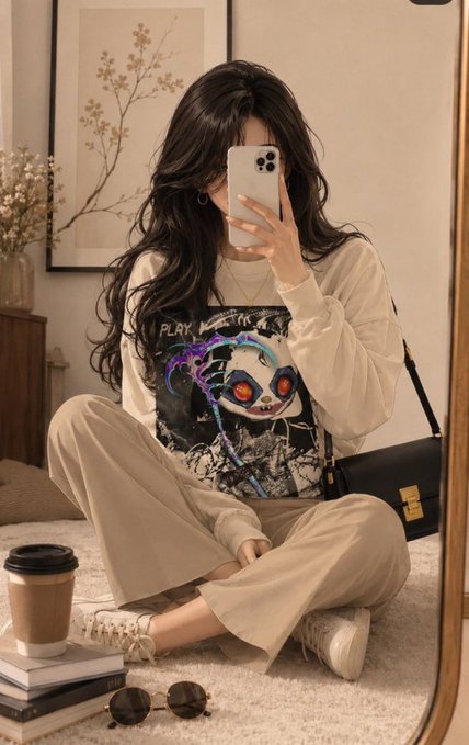 A woman with long dark hair takes a mirror selfie with a smartphone, wearing a graphic sweatshirt and sitting cross-legged on a rug.
