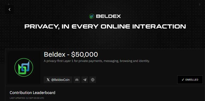 A website screenshot for "BELDEX - $50,000" with the tagline "PRIVACY, IN EVERY ONLINE INTERACTION," showing an enrolled status and a Contribution Leaderboard updated on 12 SEP.