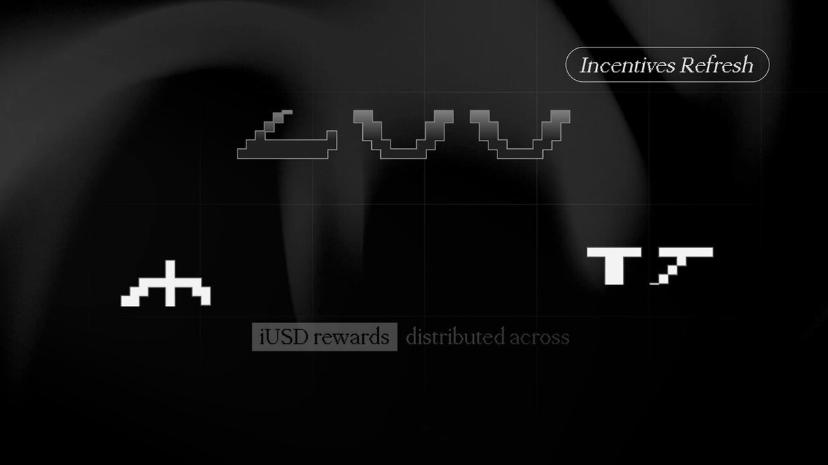 The image shows a black background with white lines against it, forming a grid-like pattern. Each line has symbols, possibly representing letters or numbers. At the bottom of this grid, there are three symbols that read "iUSD rewards distributed across @EchelonMarket @cabalxyz @TradeOnStrat @Initia DEX." This suggests that someone has generated these visual elements using code to represent iUSD incentives and distributed them across different platforms or social media channels.
