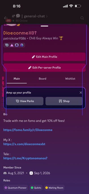 Discord profile screen for 'DioeconmeXBT' in #general-chat, displaying bio links, social handles, and roles including Quantum Pioneer.