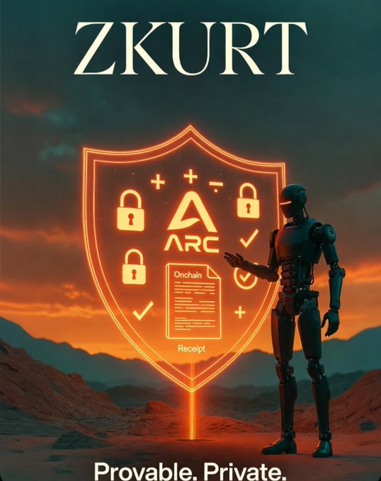 The image features an AI robot standing next to a shield that has a bunch of symbols, including a lock and key, as well as other symbols like a book and a document. The robot appears to be holding up a sign with the words "ZKURT" written on it. The background of the image is a sunset over mountains, creating an interesting contrast between the bright colors of the sun and the dark silhouette of the robot against the sky.