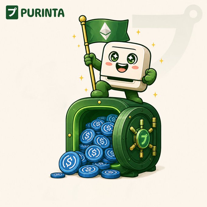 A cheerful cartoon mascot with an Ethereum flag stands triumphantly atop a green vault overflowing with blue stablecoin coins, with the "PURINTA" logo displayed in the top left. The illustration visually reinforces the message of a secure, live mainnet platform where Ethereum depositors can earn yield from real borrowing demand.