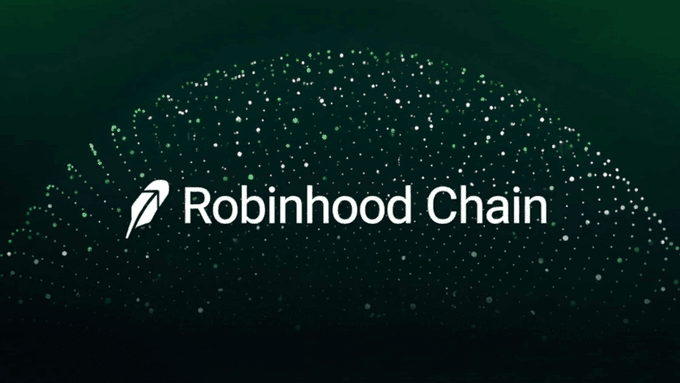 The image features the "Robinhood Chain" logo with its feather icon, set against a dark green background with sparkling particles forming a dome shape. This visual accompanies news of Robinhood Chain's record-breaking daily DEX trading volume of $989 million and TVL reaching a new high of $708 million, reflecting the platform's growing prominence in the crypto space as utility tokens outpace meme coins.