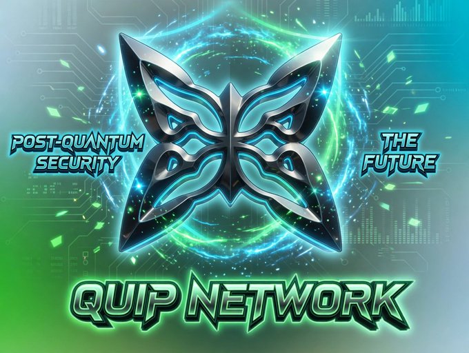 The image features a butterfly logo that says "Quip Network" written in green text at the bottom. The butterfly has blue wings with silver lines, which are surrounded by a blue circle containing white stars. Below the butterfly logo, there's text that reads "Post Quantum Security". This suggests that the company is focused on both traditional security measures and cutting-edge technology to protect their assets.