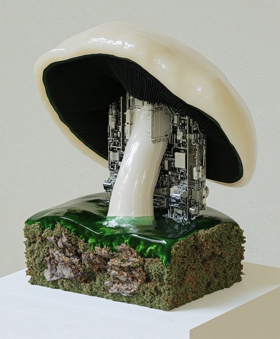 A glossy ceramic mushroom sculpture featuring a circuit board-patterned underside sits atop a green moss-textured base, blending organic and technological aesthetics. The post's cheerful "Gm, have a nice day!" greeting pairs well with the surreal, growth-inspired artwork that seems to merge nature with digital circuitry.