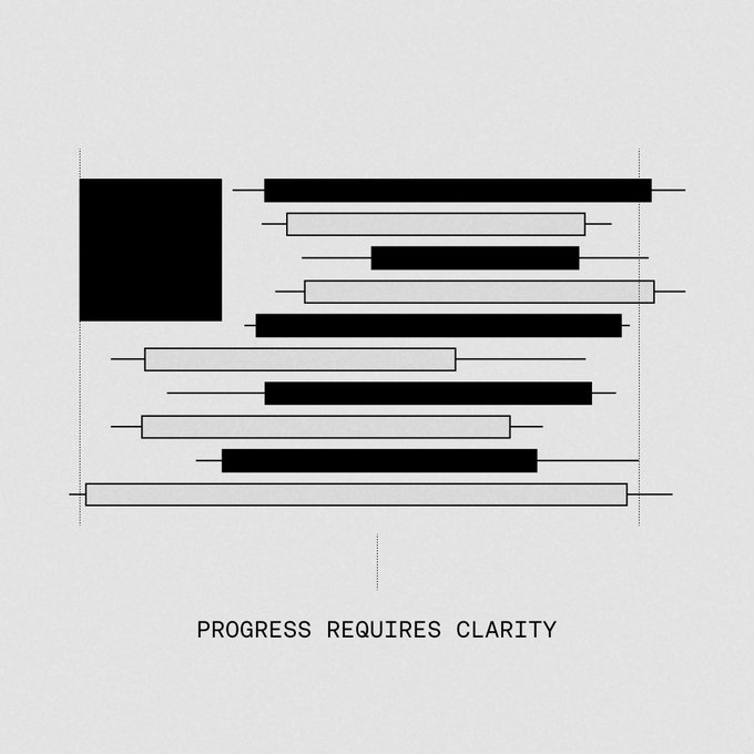 Minimalist black-and-white graphic with horizontal bars of varying lengths and a black square, captioned 'PROGRESS REQUIRES CLARITY' at the bottom.
