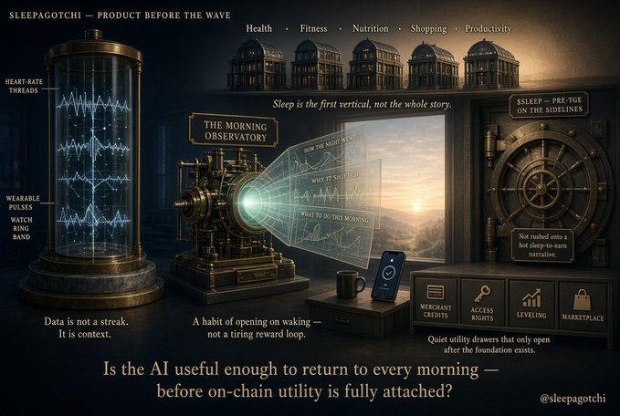 A promotional graphic titled 'SLEEPAGOTCHI — PRODUCT BEFORE THE WAVE' showing steampunk-inspired devices, cityscapes, and text discussing sleep, morning utility, and AI. Categories like 'Health,' 'Fitness,' and 'Productivity' are listed at the top, with the handle '@sleepagotchi' at the bottom.