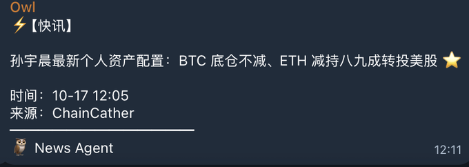 A chat message from 'Owl' (⚡) contains Chinese text stating '孙宇晨最新个人资产配置：BTC 底仓不减、ETH 减持八九成转投美股' with a star emoji, citing ChainCather as the source.