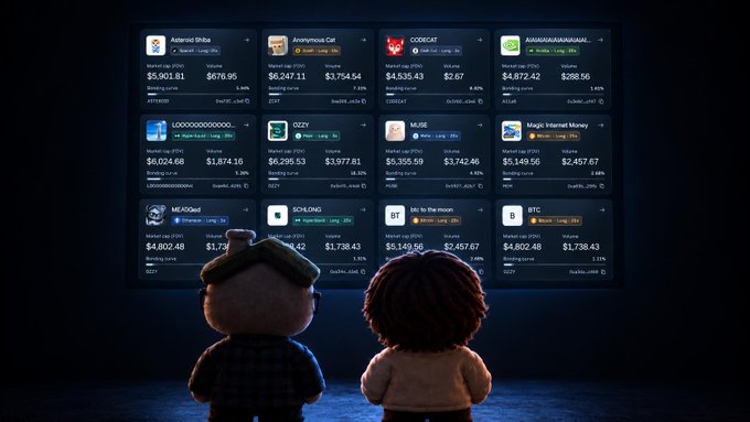 Two plush characters stand looking at a large screen displaying various NFT market cap statistics.
