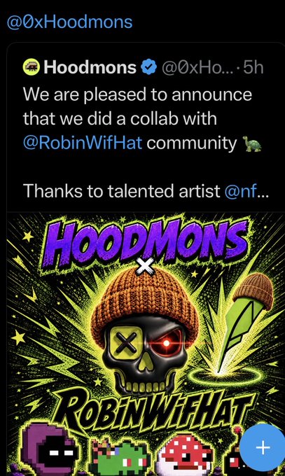 A Twitter/X post by @0xHoodmons (@0xHoomons) announcing a collaboration with @RobinWifHat community, featuring promotional artwork with a skull wearing an orange beanie and pixel-art characters.