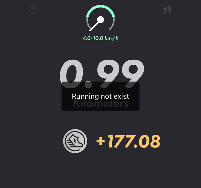 The image shows a STEPN fitness app screen displaying "0.99 Kilometers" with an error message stating "Running not exist," alongside a speed indicator of 4.0-10.0 km/h and a token reward of +177.08. The post's caption translates to "Lost my steps~" in Japanese, humorously expressing frustration that the app failed to register the run despite the distance covered, meaning the user won't earn the GMT token reward they were expecting.