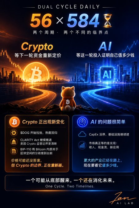 An infographic titled 'DUAL CYCLE DAILY 56 × 584' comparing 'Crypto' and 'AI' cycles in Chinese and English, with a Bitcoin dog mascot and signed 'Ian AI LAB'.