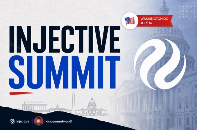 A promotional graphic for the Injective Summit, a blockchain event taking place in Washington DC on July 16, featuring the U.S. Capitol building in the background.