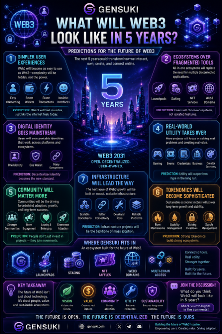 A 'GENSUKI' infographic titled 'WHAT WILL WEB3 LOOK LIKE IN 5 YEARS?' outlining predictions including simpler UX, fragmented ecosystems, digital identity, real-world utility, community-driven projects, tokenized economies, and infrastructure growth.