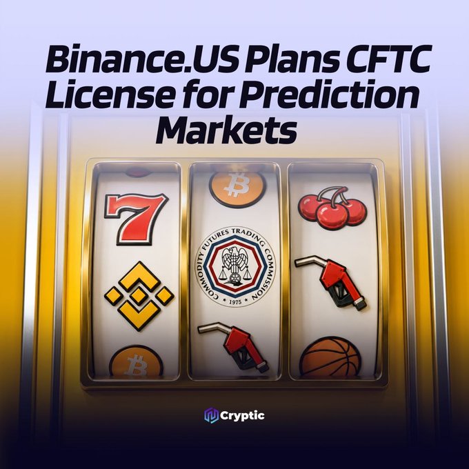 The image features a slot machine graphic with the headline "Binance.US Plans CFTC License for Prediction Markets," visually symbolizing the exchange's gamble on new products. The slot reels display a "7," the CFTC seal, and various items (cherry, basketball, gas pump), tying into CEO Stevie Satoshi's stated comeback strategy centered on prediction markets, perpetuals, and lower fees.
