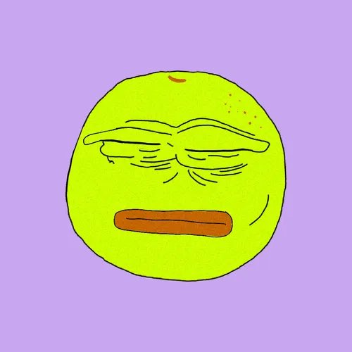 A crudely drawn green circle face with a strained, squinting expression on a light purple background.