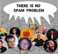 Meme captioned 'THERE IS NO SPAM PROBLEM' featuring multiple faces reacting to a Bitcoin image.