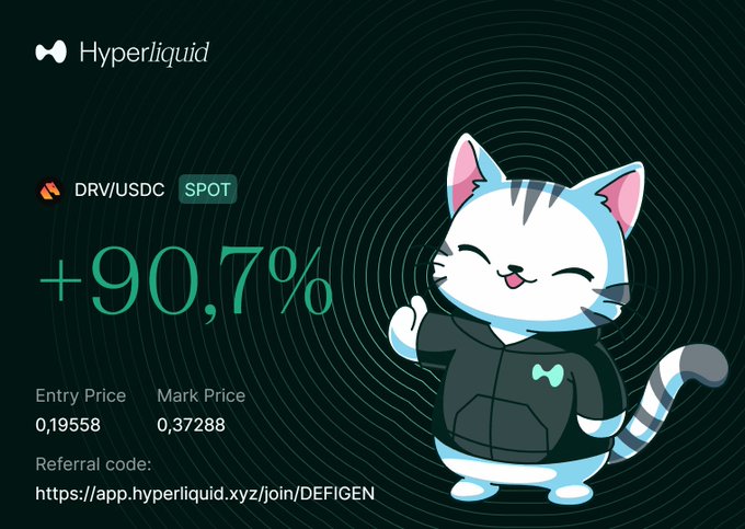 A Hyperliquid promotional image showing a DRV/USDC SPOT trade with +90.7% gain (entry 0.19558, mark 0.37288) and a referral link, featuring a cartoon cat mascot in a hoodie.