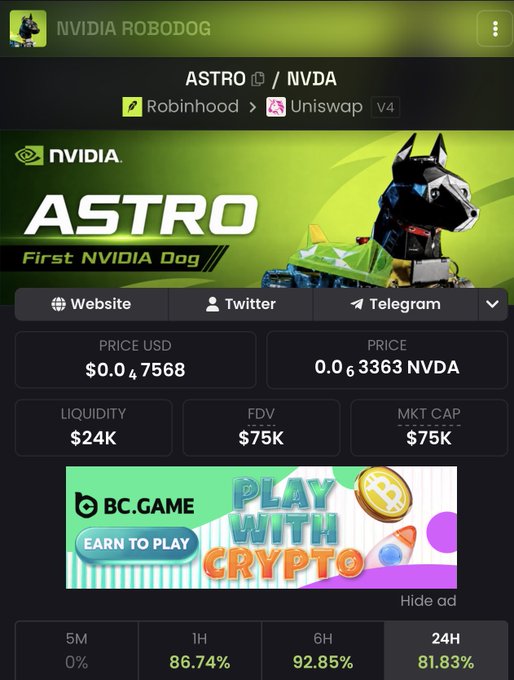 Memecoin tracker page for 'ASTRO / NVDA' (NVIDIA ROBODOG) showing a price of $0.047568 USD or 0.063363 NVDA, with $24K liquidity, $75K FDV/Market Cap, and gains of 86.74% (1H), 92.85% (6H), and 81.83% (24H).