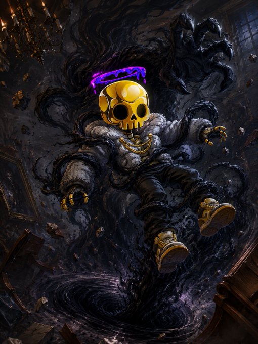 A dark, gothic-style digital illustration features a golden skull character wearing a purple halo, gold chains, a fur coat, and yellow sneakers, emerging from or floating above a swirling black vortex.