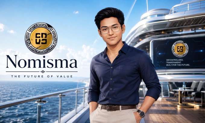 The image features a young man in a navy shirt and glasses standing on a luxury yacht deck, alongside the Nomisma logo with text "THE FUTURE OF VALUE" and a tagline "DECENTRALIZED. TRANSPARENT. BUILT FOR THE FUTURE." The polished, premium setting visually reinforces Nomisma's branding as a sophisticated crypto project, aligning with the post's message about Nomisma Network Season 3's focus on quality signal and behavior-based testing over superficial metrics.