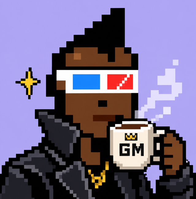 A pixel-art portrait of a person wearing 3D glasses and smoking, holding a mug labeled "GM" with a crown logo against a purple background.