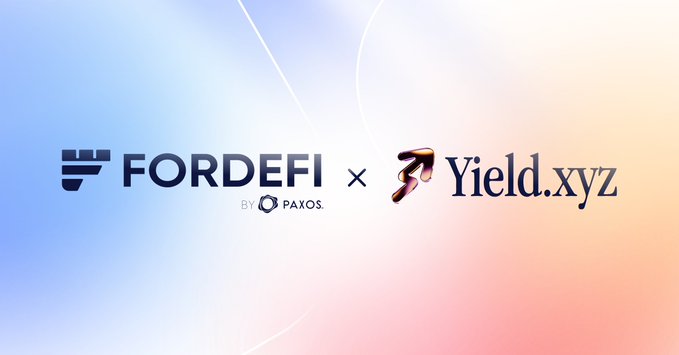 A promotional graphic with a gradient background displaying the logos and text 'FORDEFI by PAXOS' and 'Yield.xyz' separated by an 'x'.