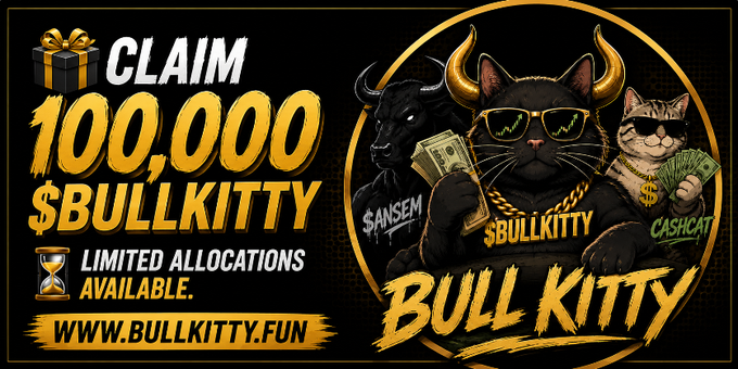 A promotional banner featuring a horned "Bull Kitty" mascot with sunglasses, gold chains, and cash, alongside a bull labeled "$ANSEM" and a cat labeled "CASHCAT," advertising "CLAIM 100,000 $BULLKITTY" with limited allocations at bullkitty.fun—directly matching the post's call-to-action for users to drop their $SOL wallet addresses for a token airdrop.