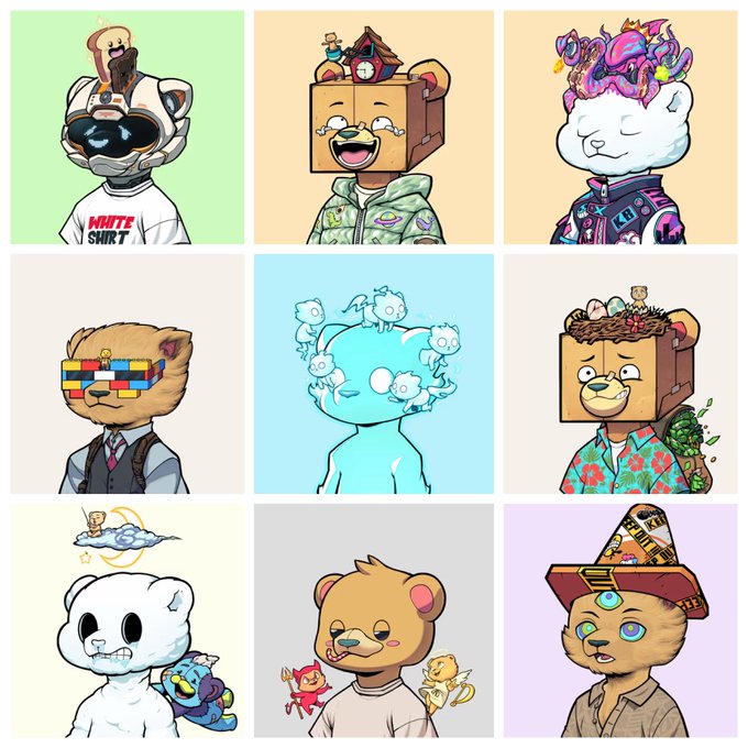 The image features nine cartoon bear characters with various unique appearances, including some wearing hats or costumes. The bears are arranged in a grid-like pattern across four rows of three squares each. Each bear has its own distinct look, making for an interesting and diverse collection of characters.