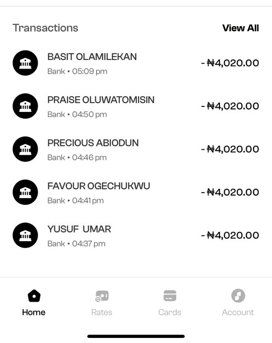 A screenshot of a transactions screen showing five outgoing bank payments of ₦4,020.00 each to winners—Basit Olamilekan, Praise Oluwatomisin, Precious Abiodun, Favour Ogechukwu, and Yusuf Umar—all processed within roughly 30 minutes between 4:37 pm and 5:09 pm. The image serves as proof of payment, matching the post's claim that winners of a giveaway have been paid.