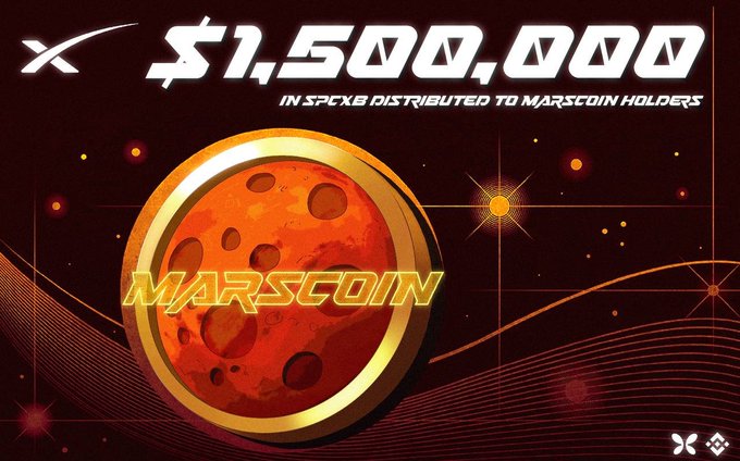 A promotional graphic for Marscoin announces '$1,500,000 in $PCXB Distributed to Marscoin Holders' featuring a gold-rimmed red planet coin.