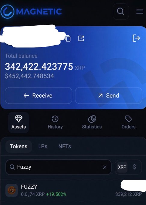A Magnetic wallet screenshot shows a total balance of 342,422.423775 XRP, worth $452,442.748534, with Receive/Send buttons and a token list filtered to “Fuzzy.” The visible FUZZY entry lists 0.074 XRP, a +19.502% gain, and 339,212 XRP, supporting the accompanying post about rotating XRP gains into FUZZY and other micro caps.