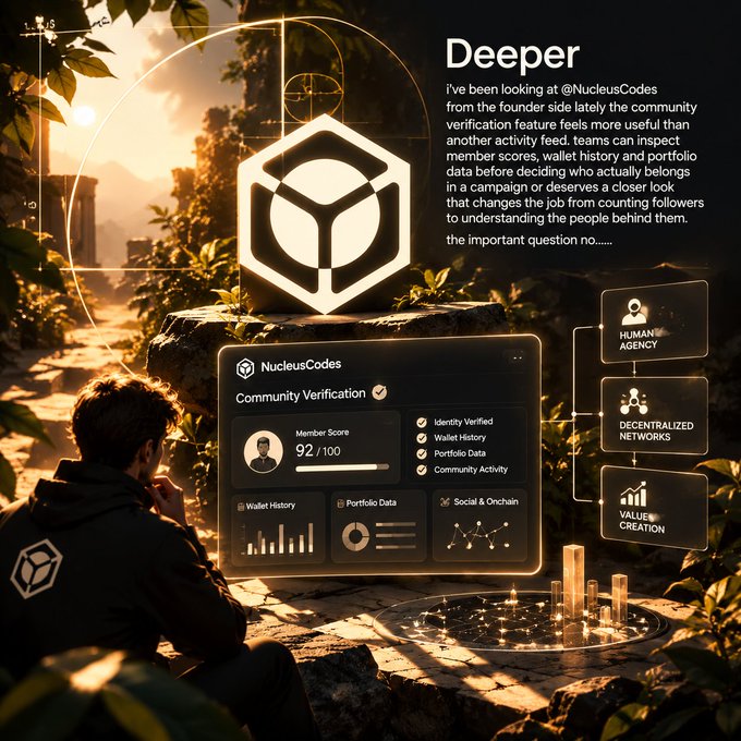 A promotional graphic titled 'Deeper' discussing @NucleusCodes, showing a character viewing a holographic dashboard featuring Community Verification, Member Score, Portfolio Data, and Social & Onchain metrics.