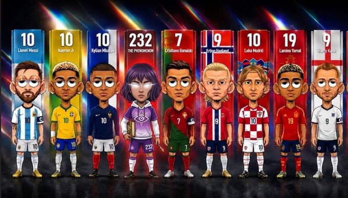 Illustrated lineup of famous soccer players depicted in cartoon style with their jersey numbers, including Lionel Messi, Neymar Jr, Kylian Mbappe, THE PHENOMENON (Cristiano Ronaldo with rating 232), Erling Haaland, Luka Modric, Lamine Yamal, and Harry Kane.