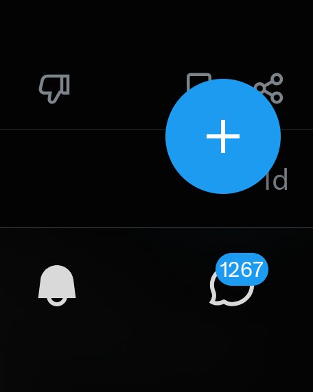 Mobile app screen with dark background showing navigation icons including a thumbs down, a folder, share icon, a blue circle with a plus sign, a bell, and a message bubble with '1267' notification.