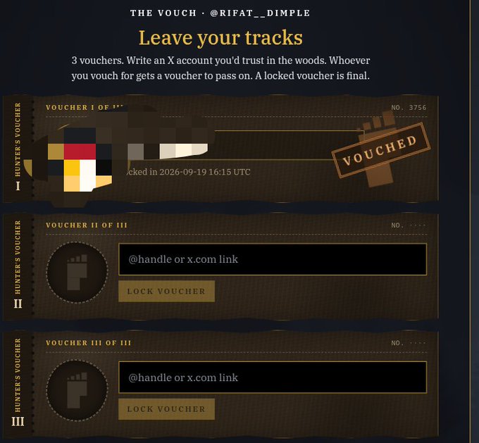 A 'THE VOUCH' graphic by @RIFAT__DIMPLE titled 'Leave your tracks,' detailing a game involving 3 vouchers, with Voucher I marked 'VOUCHED' and slots for Twitter handles for Vouchers II and III.